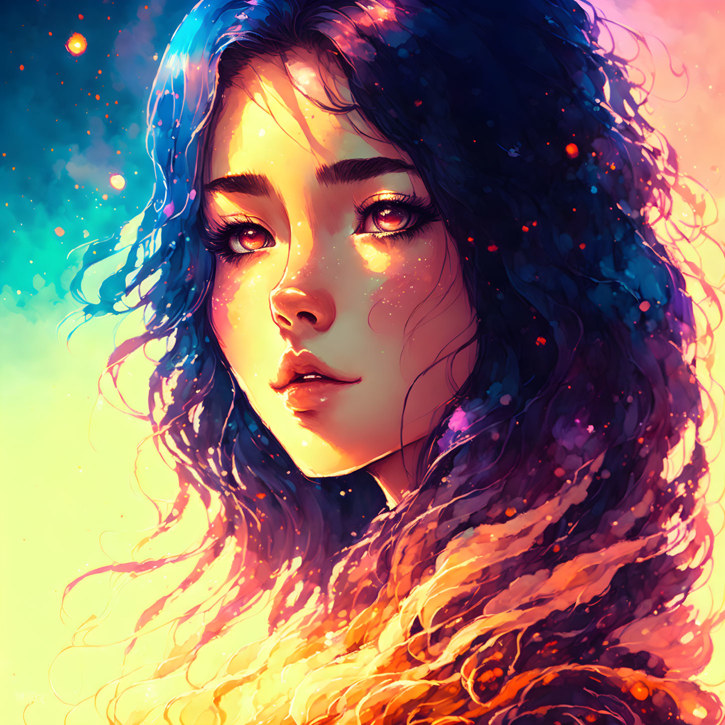 Colorful digital artwork of a woman with vibrant, wavy hair in surreal setting