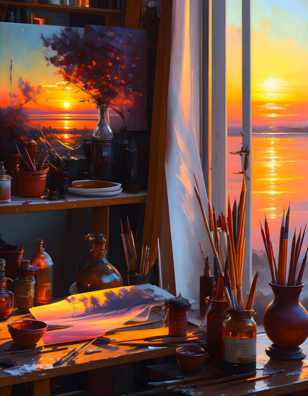 Artist's studio at sunset with easels, tree painting, brushes, and paint jars