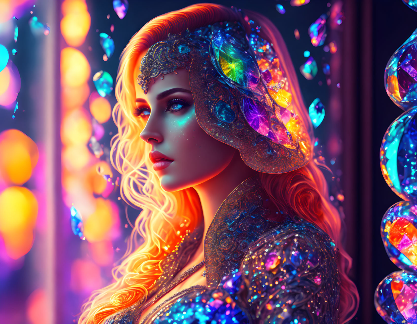 Woman's portrait with luminescent jewels and intricate patterns in magical setting