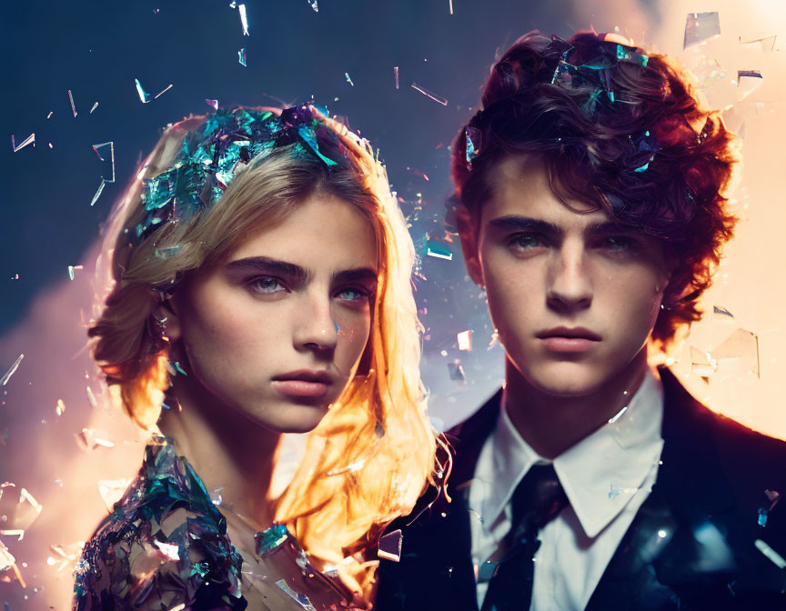 Intense gazes of young models in dynamic light and confetti swirls