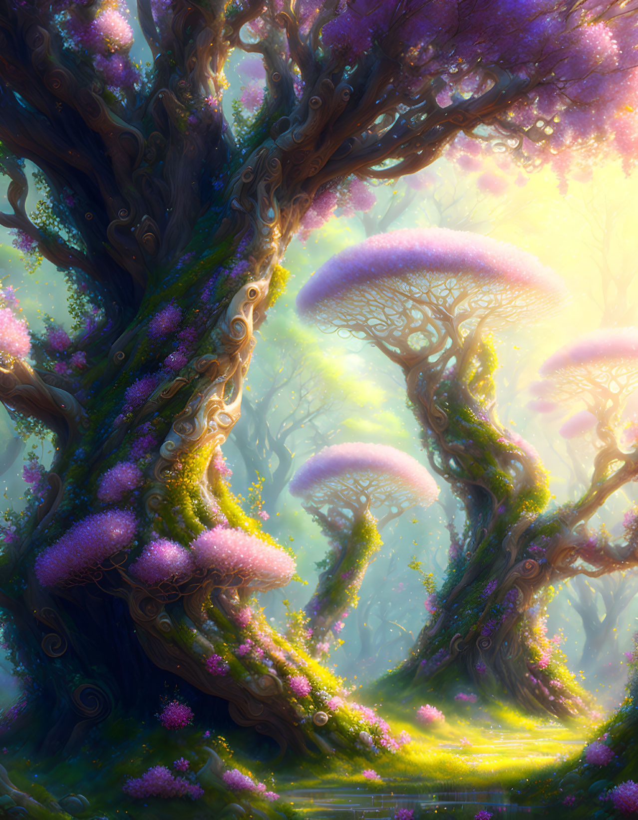 Enchanting forest landscape with twisted trees and glowing flora