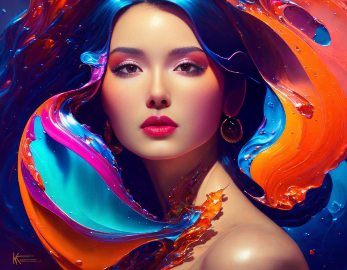 Vibrant swirling colors depict woman's hair on dark background