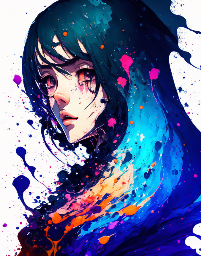 Vibrant illustration of a girl with dark hair and colorful abstract splashes