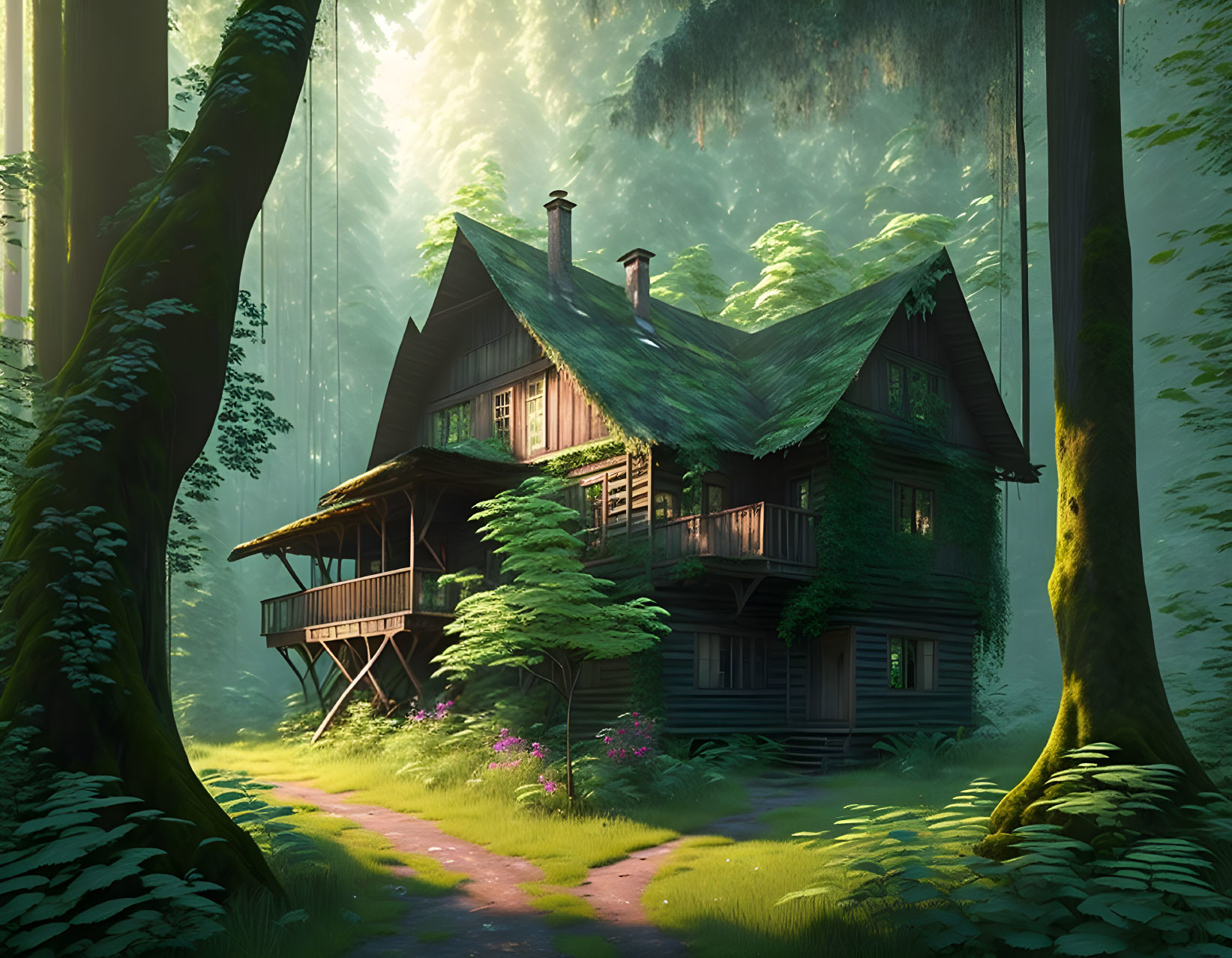 Wooden House in Lush Forest with Sun Rays and Greenery