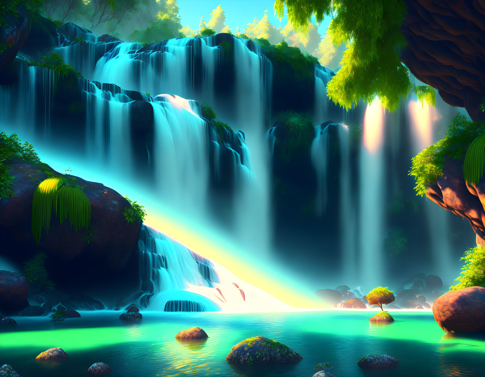 Tranquil scene with multiple waterfalls and turquoise pool