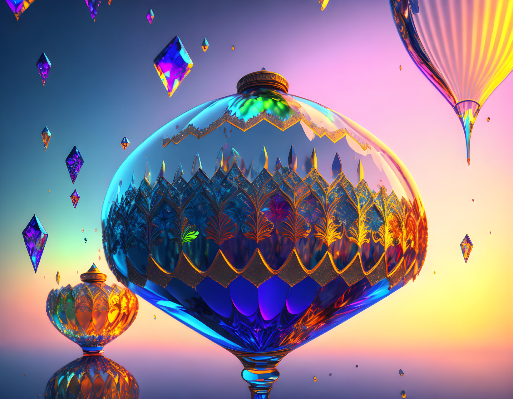 Iridescent Glass Perfume Bottles and Floating Crystals on Sunset Gradient