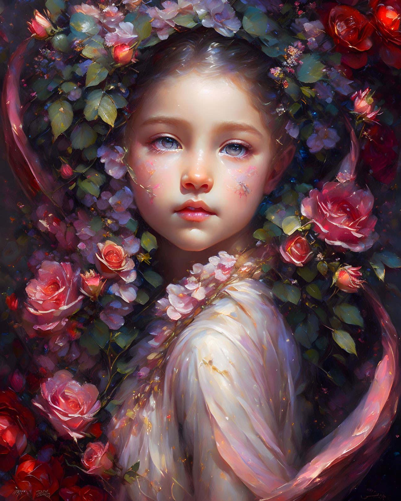 Young girl portrait with serene expression amidst luminous floral wreath.