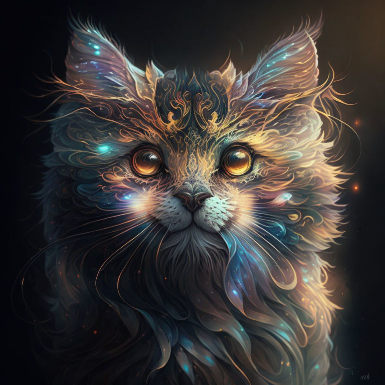 Colorful digital artwork: Mystical cat with luminous eyes & intricate patterns