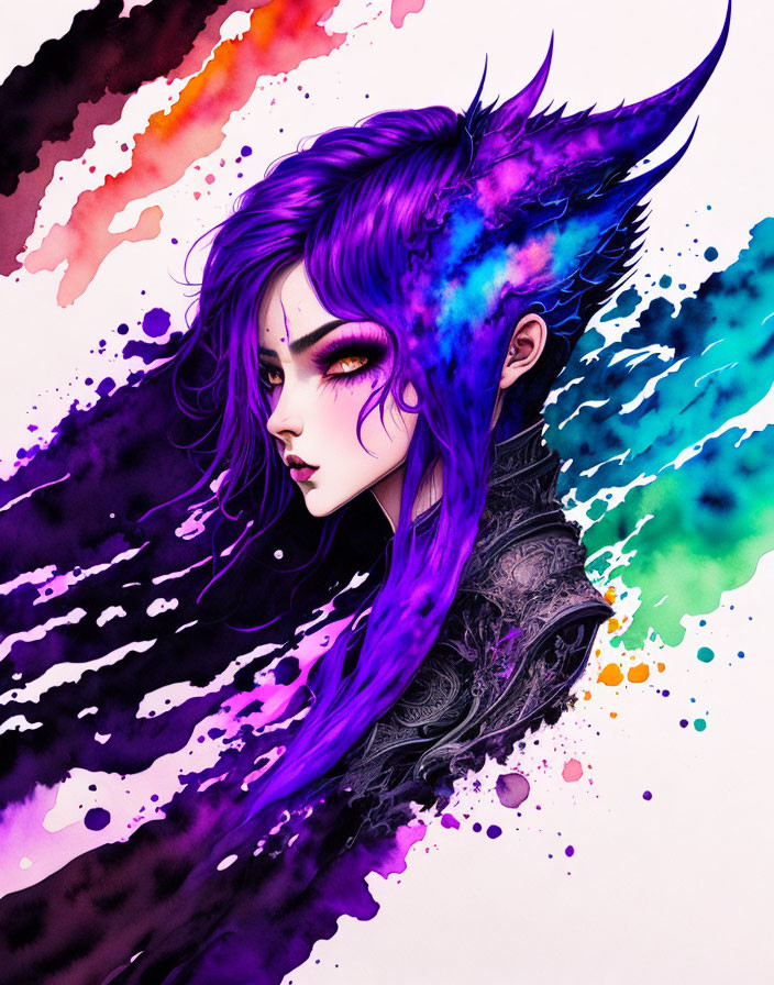 Purple-haired female figure in vibrant watercolor scene