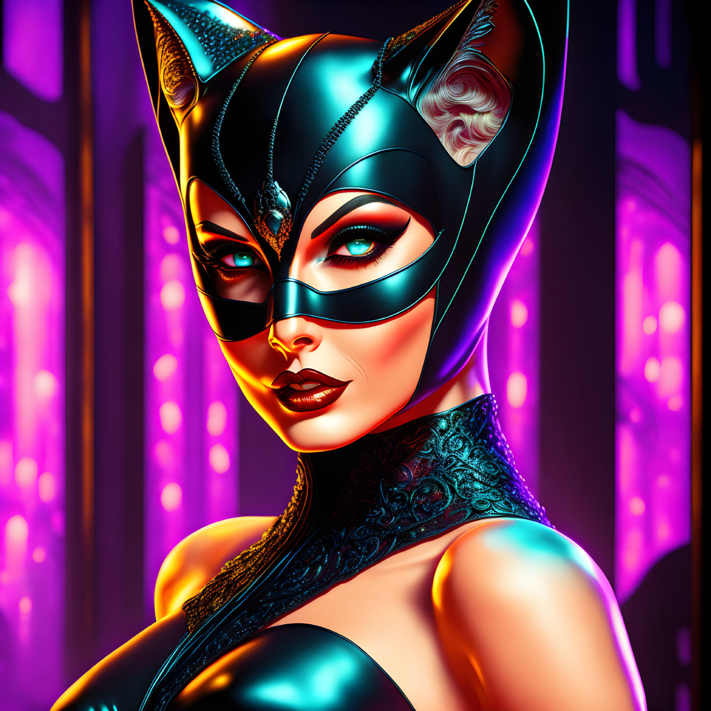 Stylized illustration of woman in cat mask against neon-lit gothic backdrop