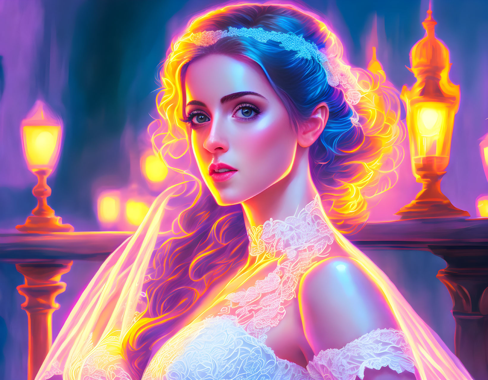 Detailed neon-colored illustration of a woman in lace attire against city lights