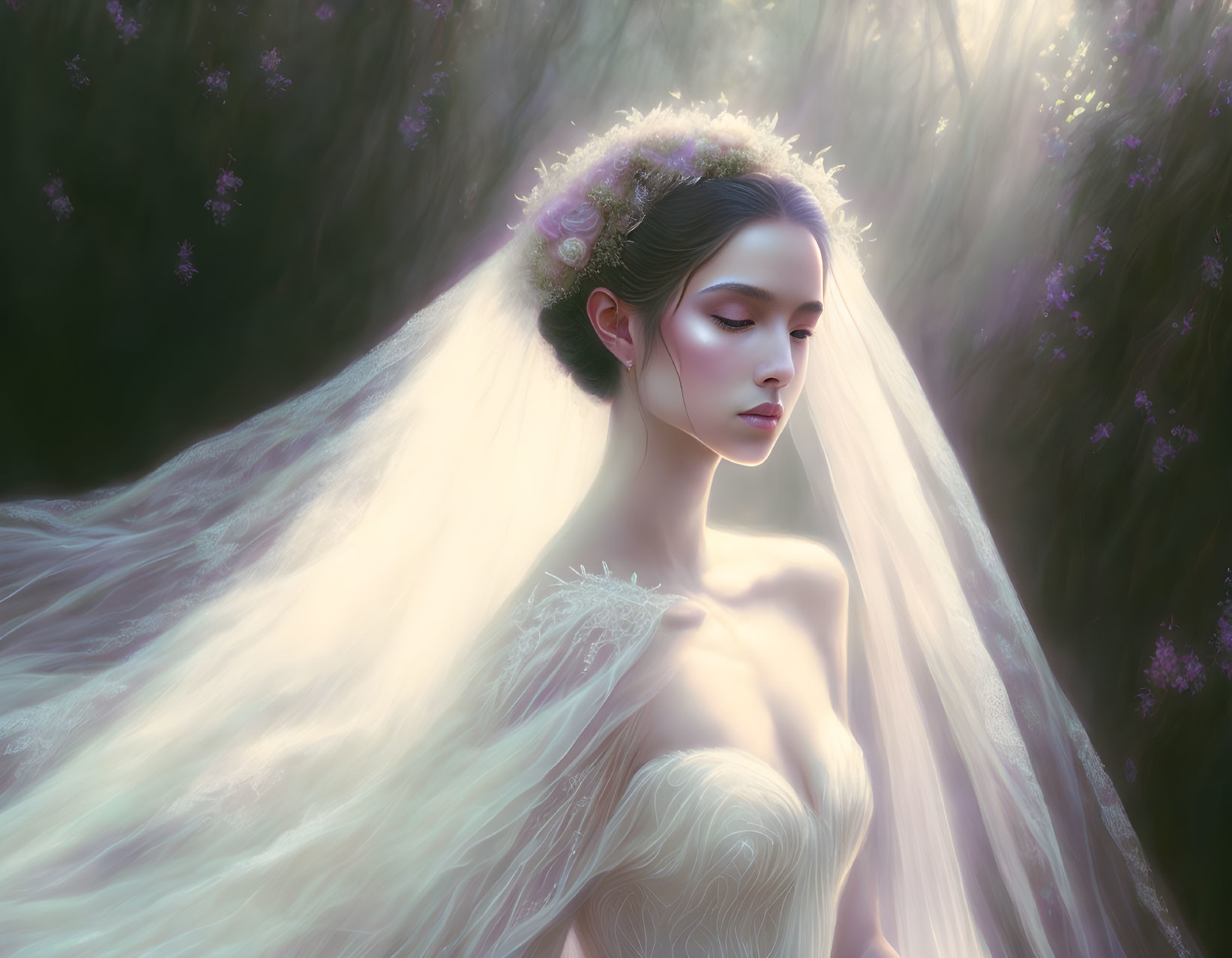 Serene bride with floral crown and veil in ethereal setting