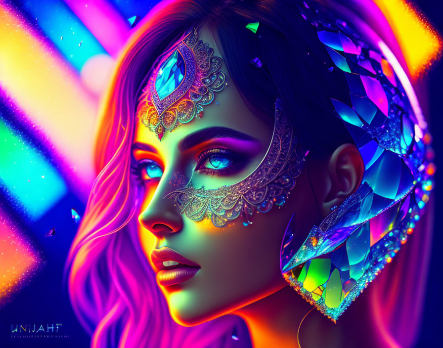 Colorful digital artwork: Woman with jewel-encrusted headdress & blue eyes