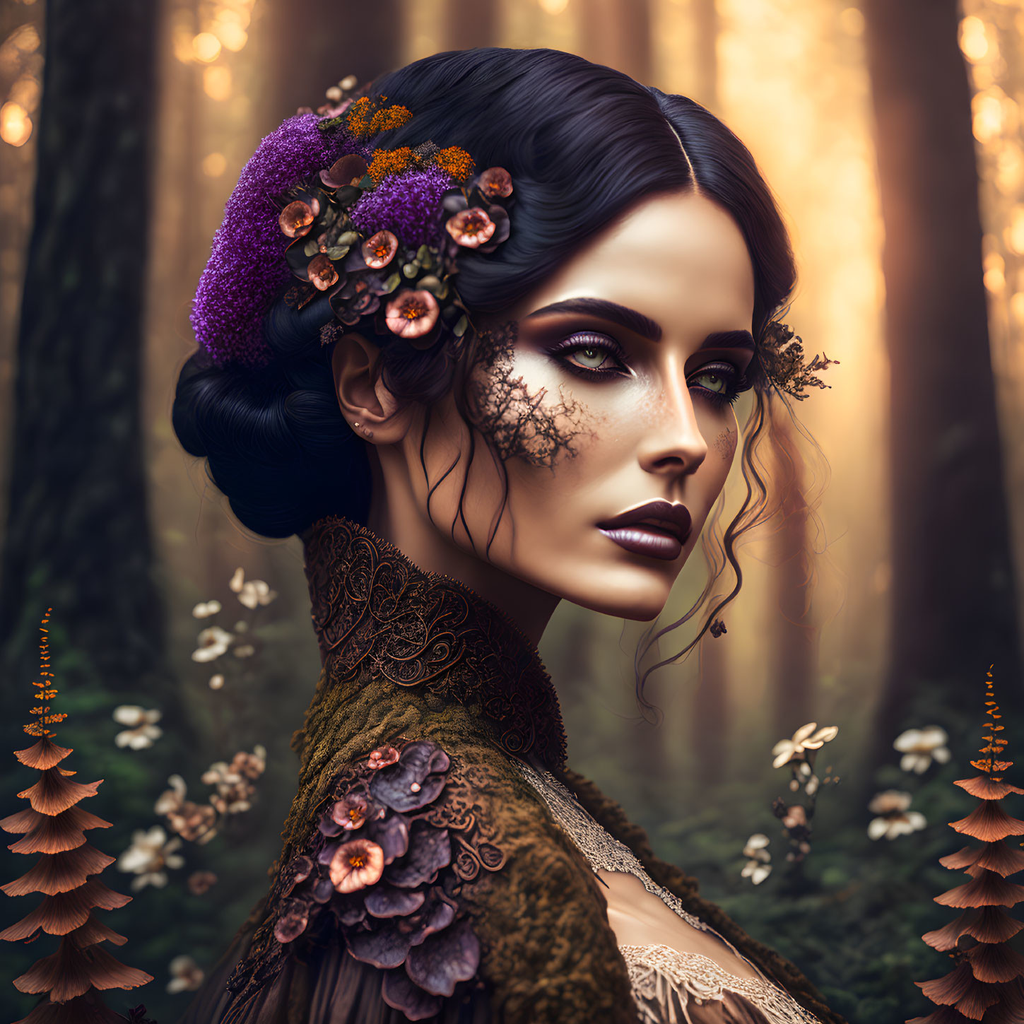 Digital portrait of woman with floral hair embellishments and mystical forest backdrop.