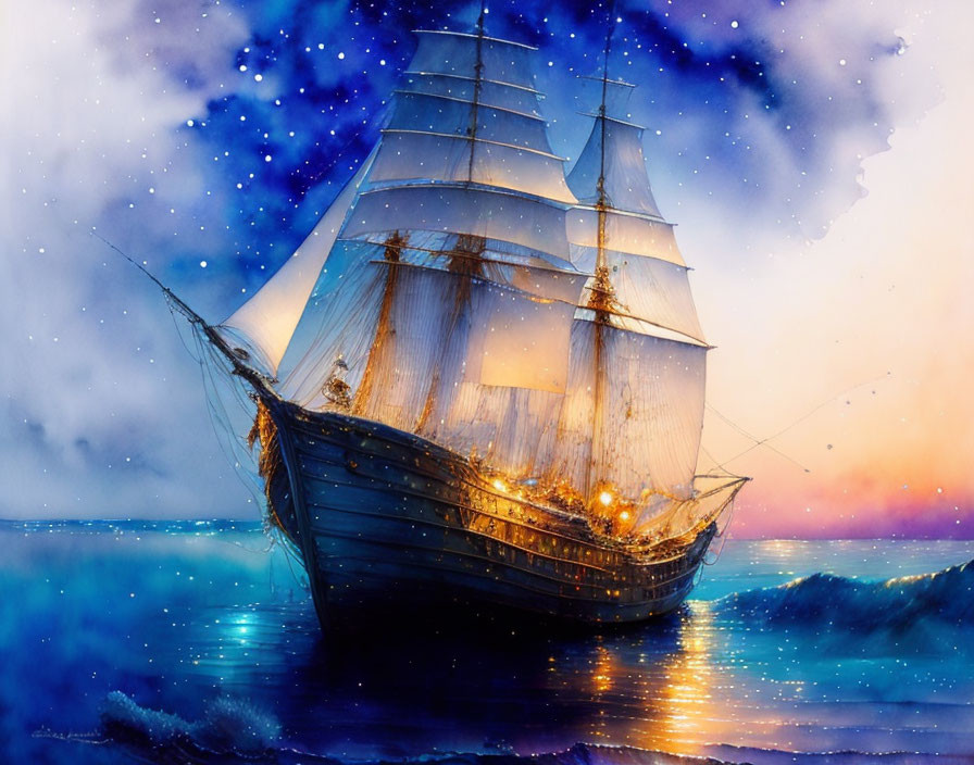 Nighttime painting of sailing ship with illuminated windows on dark sea.