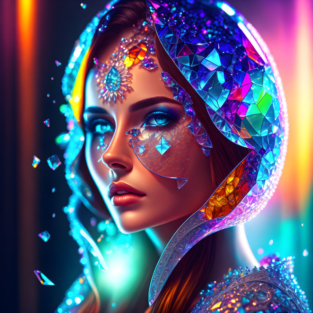 Vibrant neon digital portrait with crystalline makeup & headwear