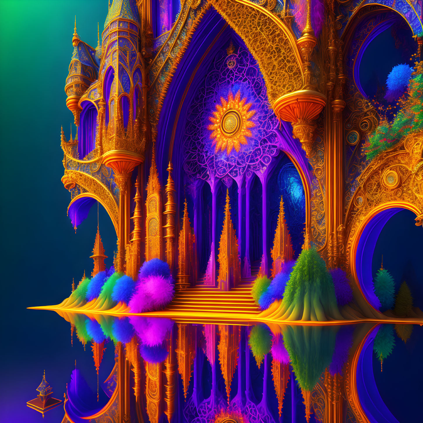 Intricate digital artwork: ornate golden structure with Gothic arches on reflective surface