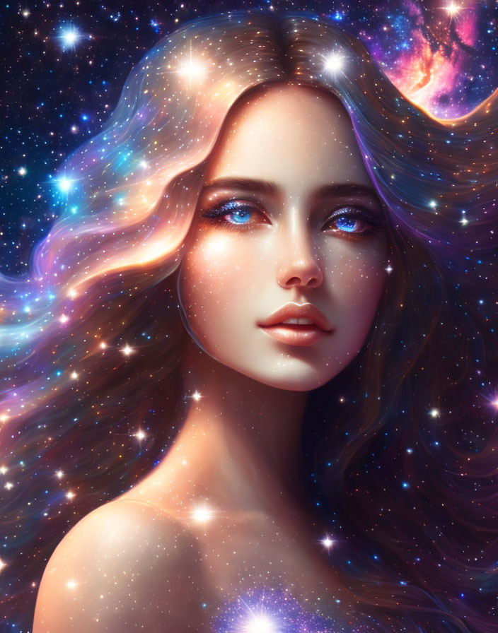 Cosmic-themed digital portrait of a woman with sparkling stars and galaxy backdrop