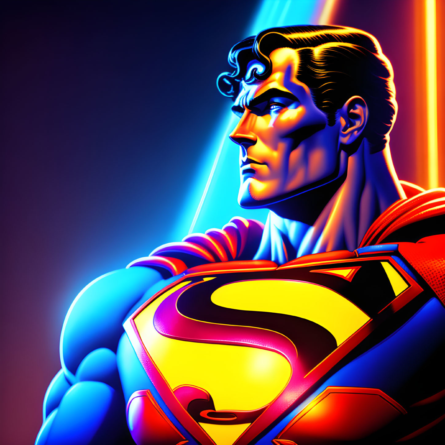 Superman illustration: Defined jawline, swirling hair, red and blue costume on neon backdrop