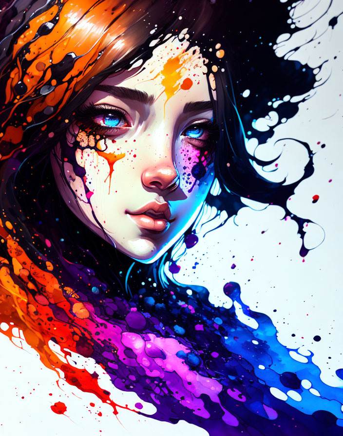 Colorful digital artwork: Woman with blue eyes merging with vivid colors