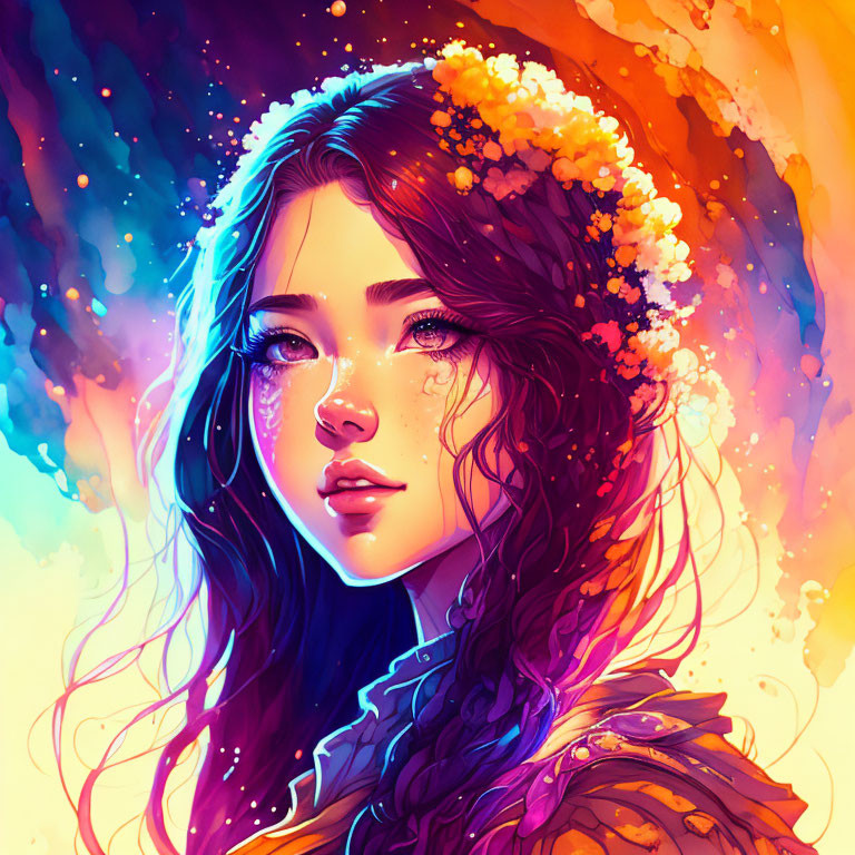 Colorful digital artwork of woman with flower-adorned hair on warm gradient backdrop.