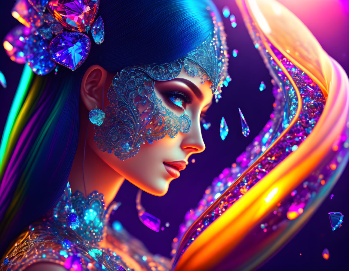 Colorful Illustration of Woman in Elaborate Jeweled Headwear and Mask