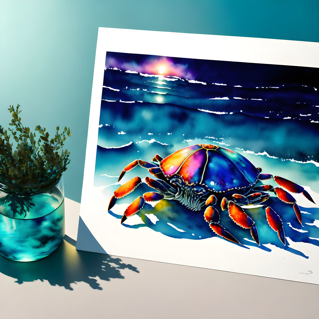 Colorful Crab Painting on Beach at Sunset Next to Plant in Glass Bowl