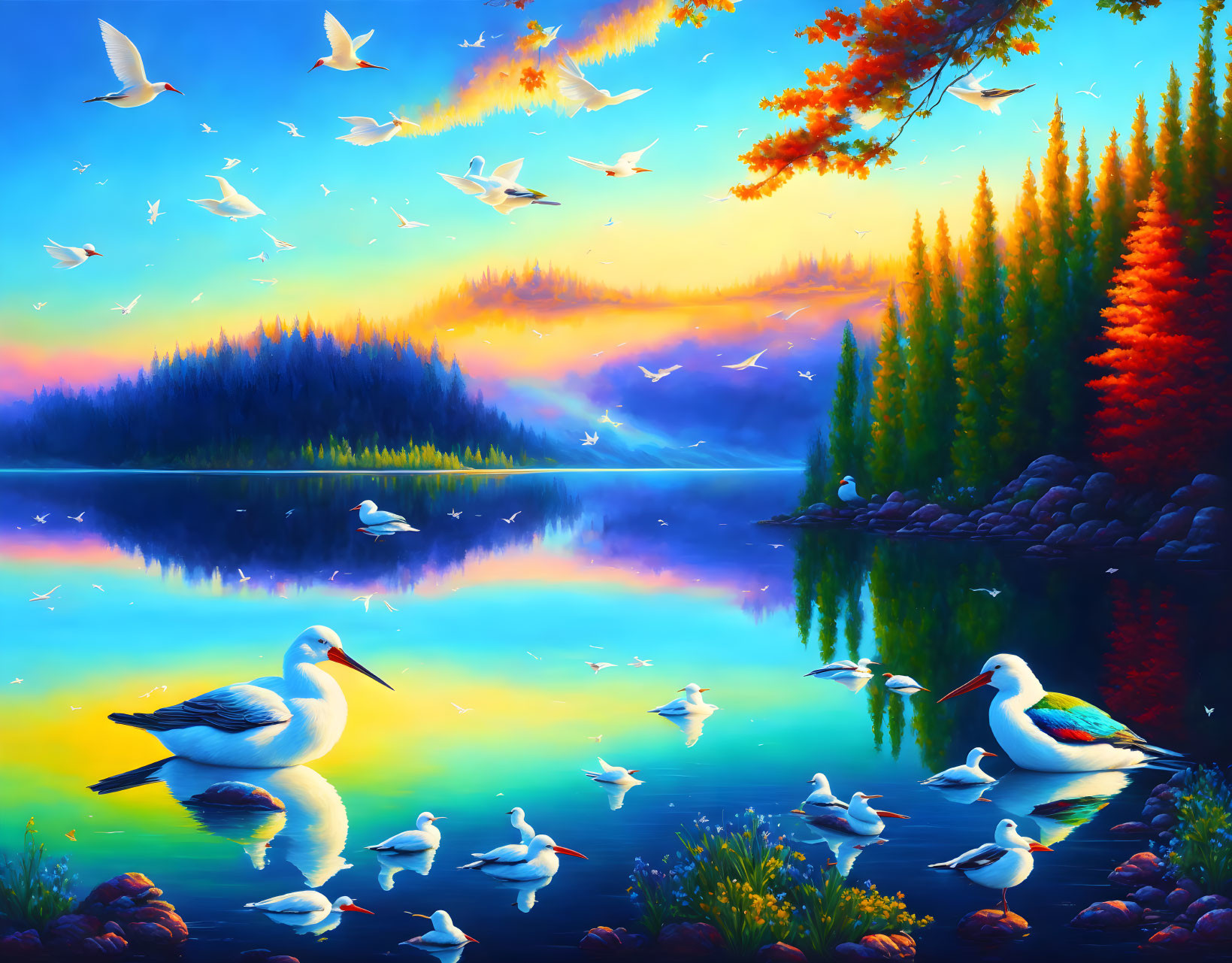 Colorful Birds Flying Over Serene Lake at Sunset