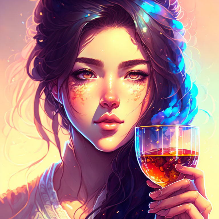 Dark-haired woman with freckles holding wine glass in vibrant warm colors