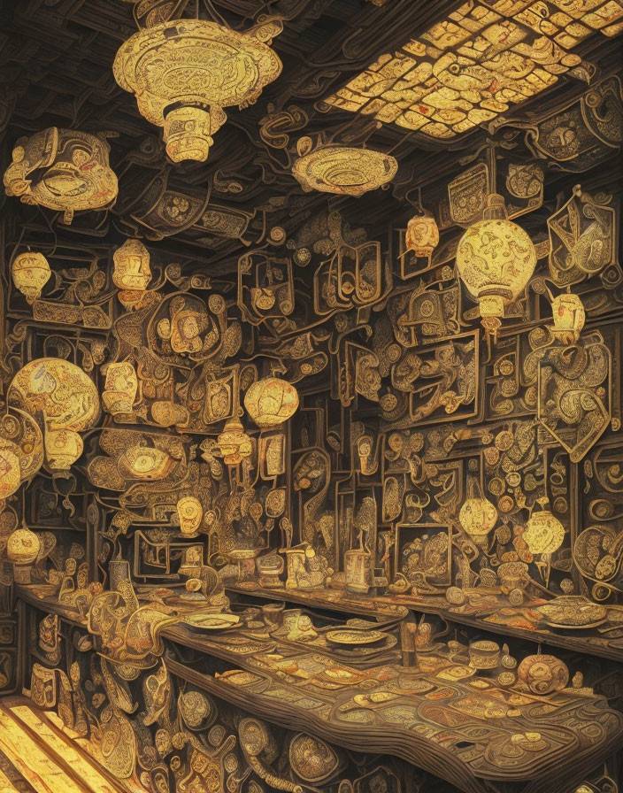 Intricate Golden Lanterns Illuminate Ornate Room