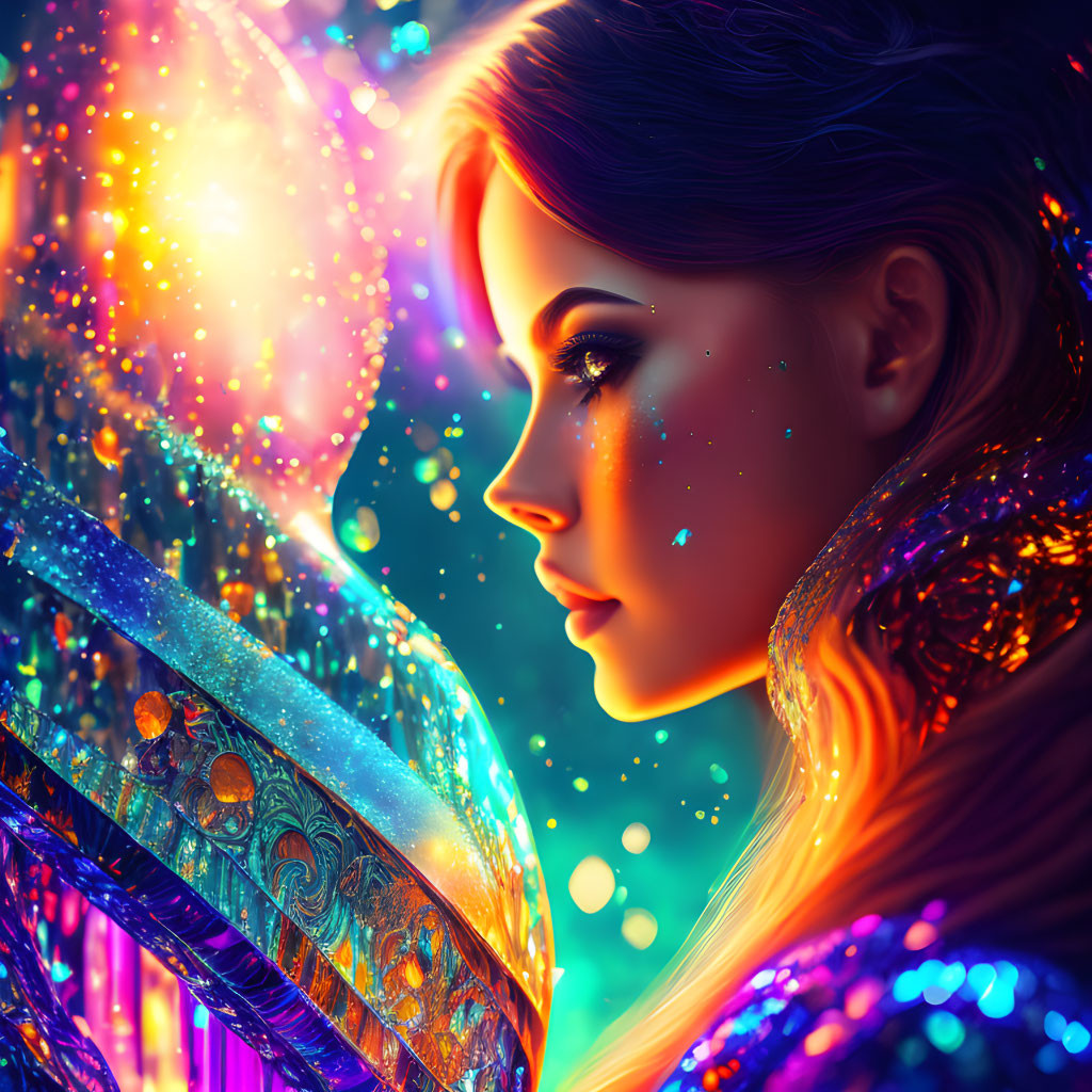 Colorful digital artwork: Glittering woman with luminous sphere