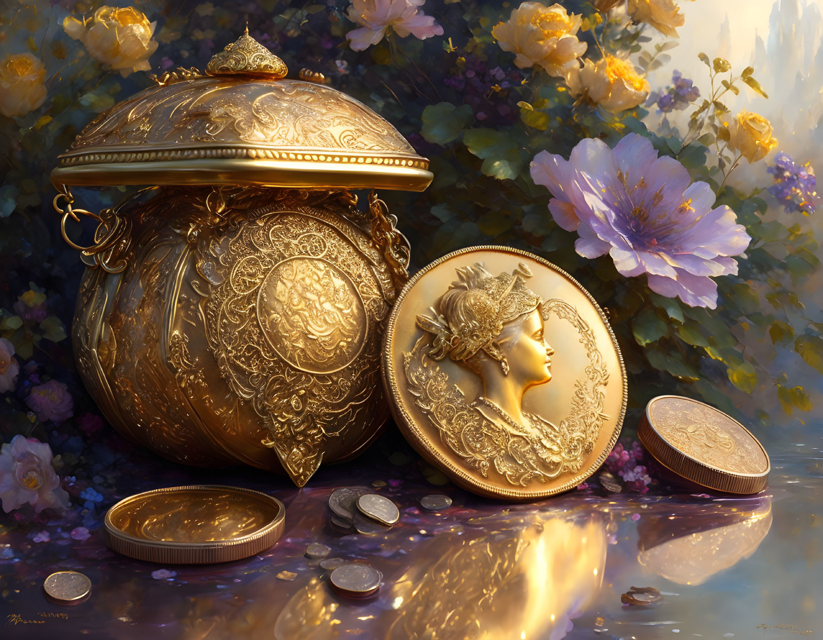 Golden pot with lid, woman profile relief gold coin, surrounded by flowers and coins