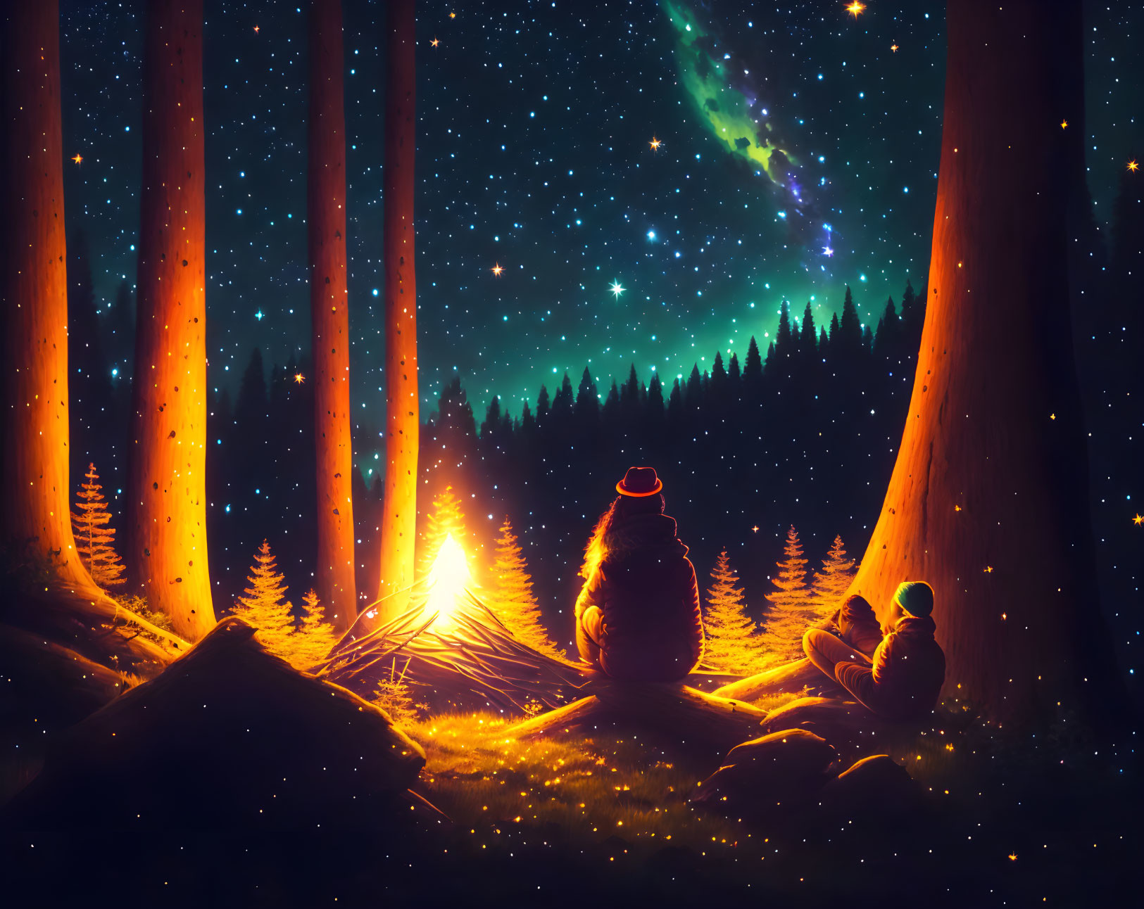 Campfire scene in forest with two people under starry sky and green aurora.