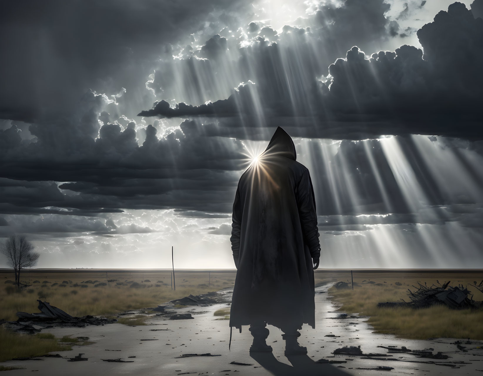 Cloaked figure under dramatic sky with sunbeams over desolate landscape