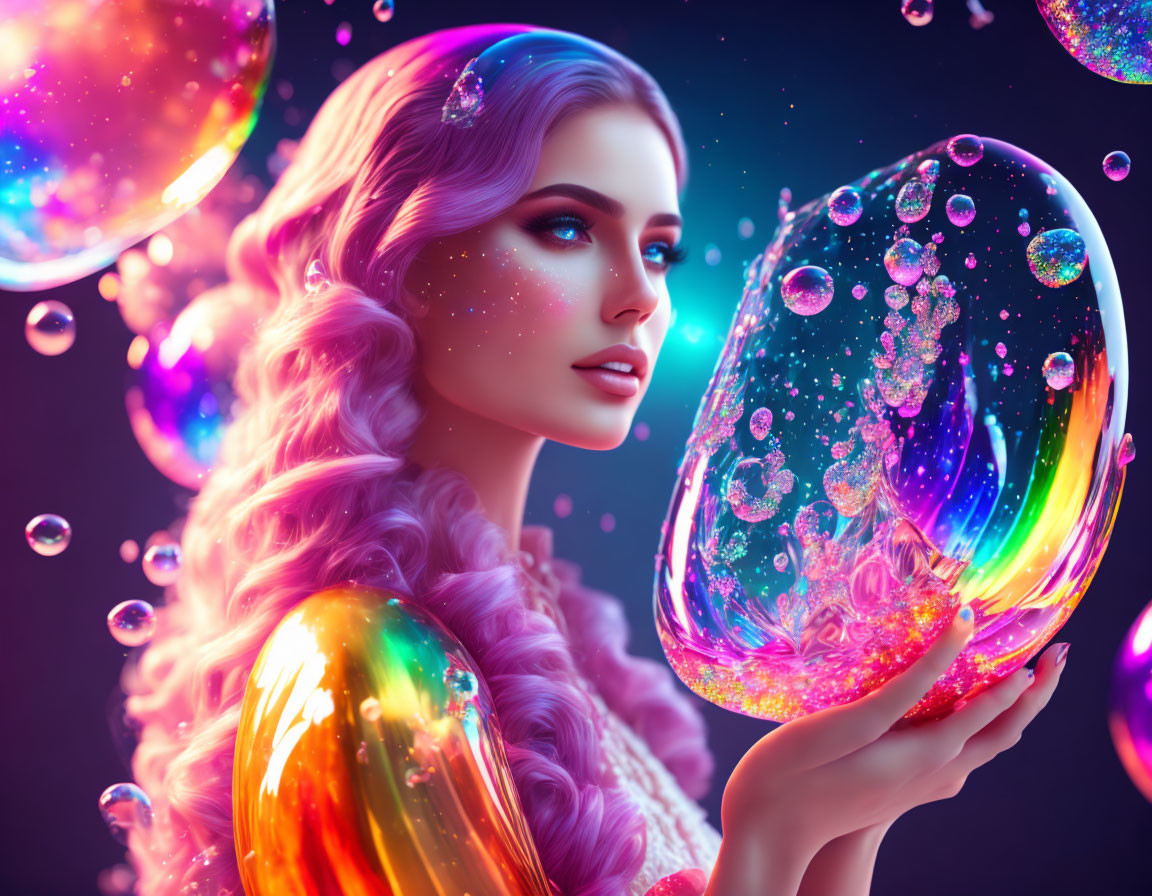 Woman with flowing hair and vibrant makeup gazes at large luminescent bubble in dreamy, colorful