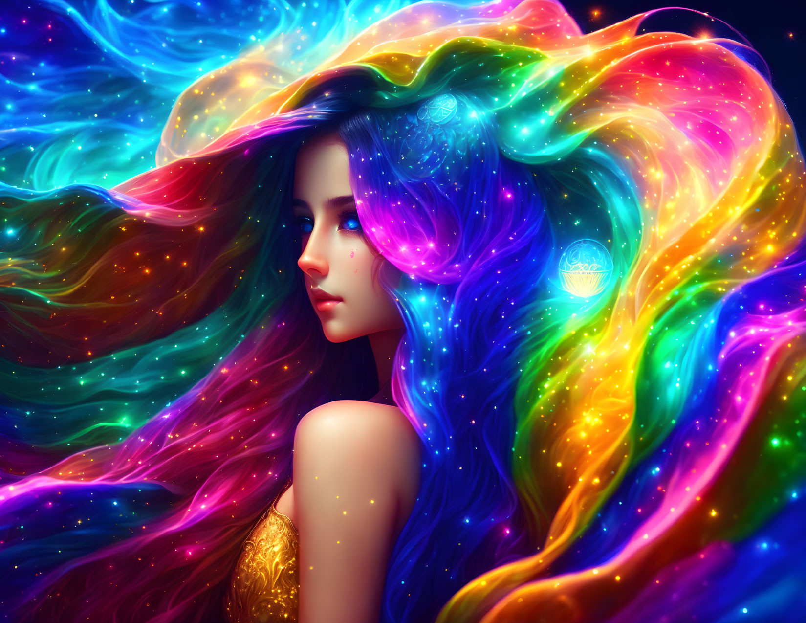 Vibrant cosmic-themed woman with flowing kaleidoscope hair.