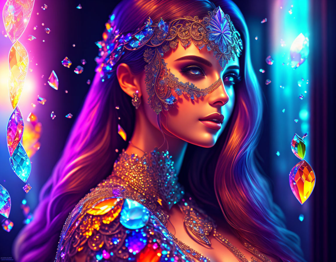 Colorful illustration of woman with glowing gemstones and intricate jewelry on neon background