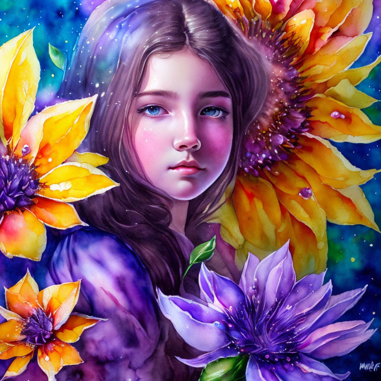 Colorful artwork of girl with blue eyes among yellow and purple flowers on starry background