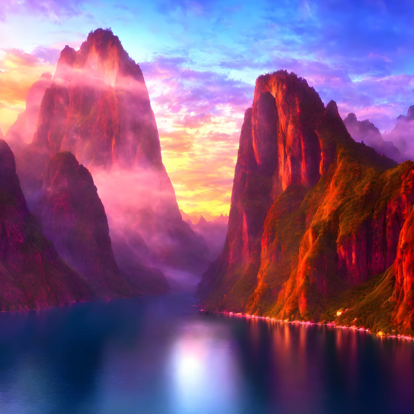 Majestic mountains, serene lake, vibrant sunset skies in breathtaking landscape