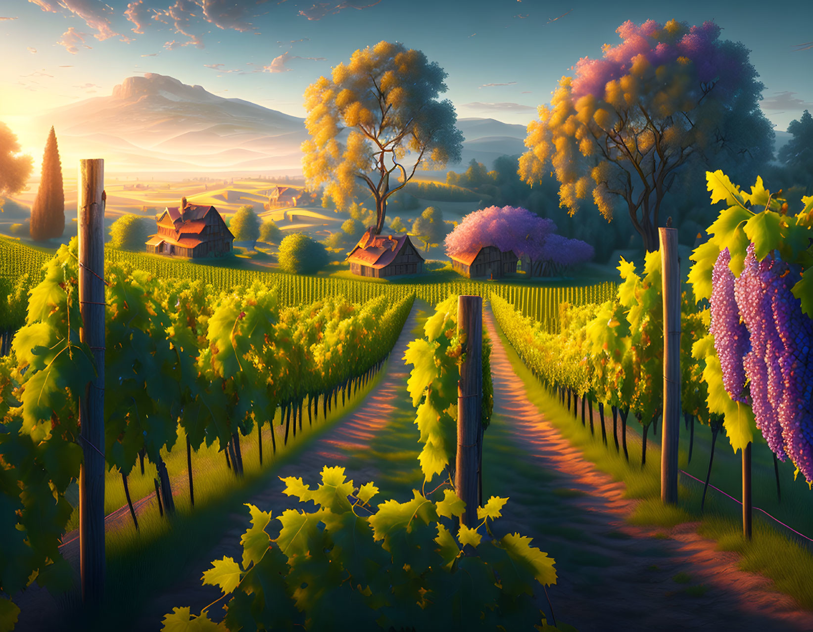 Tranquil Sunrise Scene: Vineyard, Cottages, Blooming Trees, Hills