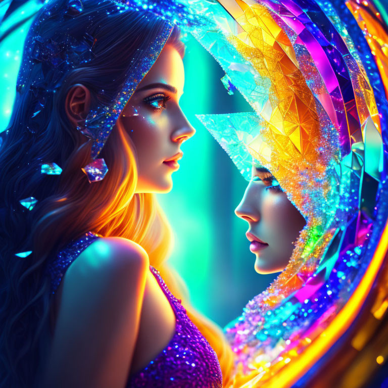 Two women in geometric headpieces under vibrant neon light