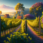 Tranquil Sunrise Scene: Vineyard, Cottages, Blooming Trees, Hills