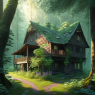 Wooden House in Lush Forest with Sun Rays and Greenery