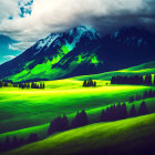 Dramatic cloudy sky over vibrant green hills and snow-capped peaks