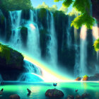 Tranquil scene with multiple waterfalls and turquoise pool