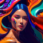 Vibrant portrait of woman with blue hair and swirling colors