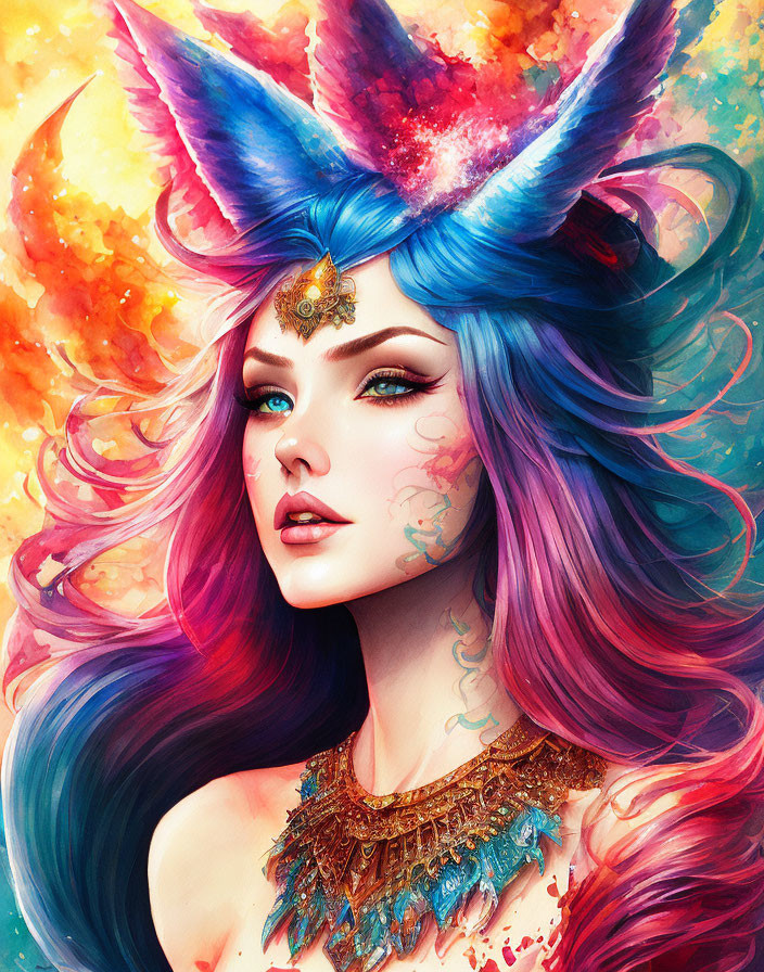 Colorful woman illustration with blue and pink hair, butterfly wings, facial tattoos, and ornate jewelry