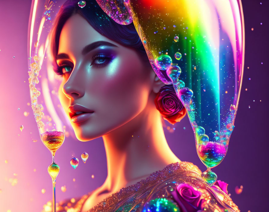 Colorful digital artwork of a woman in surreal bubble helmet with vibrant lighting and intricate makeup.