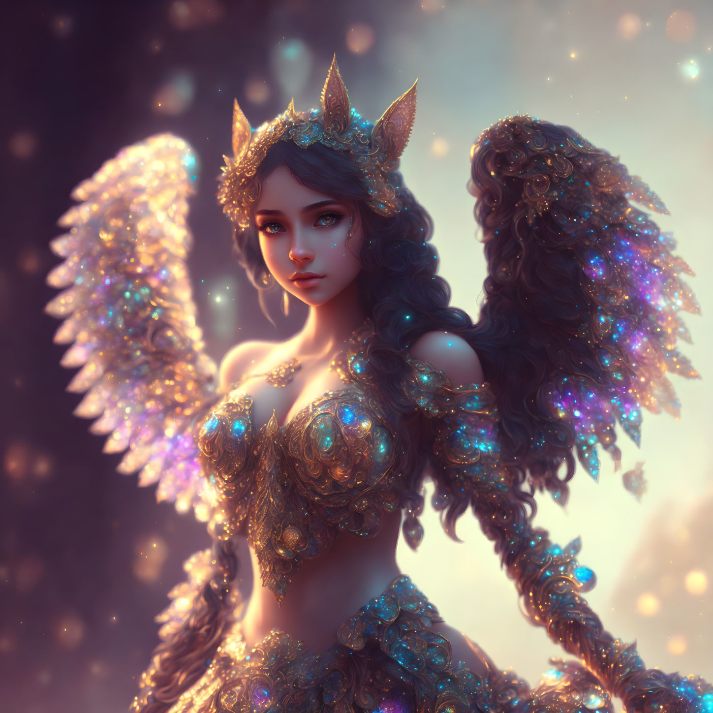 Ethereal figure in decorative armor with sparkling wings