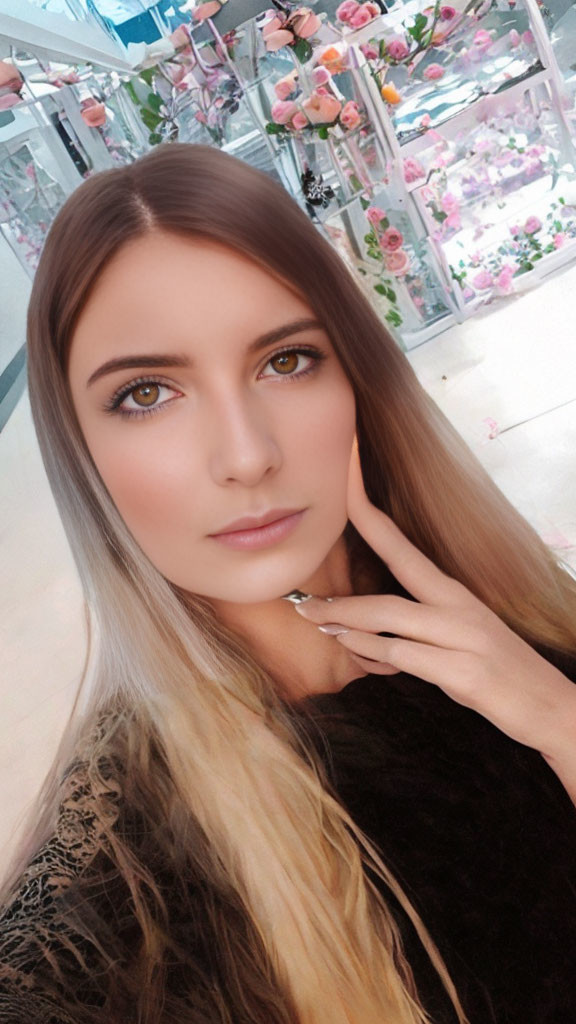 Blonde Woman with Brown Eyes Selfie in Floral Setting